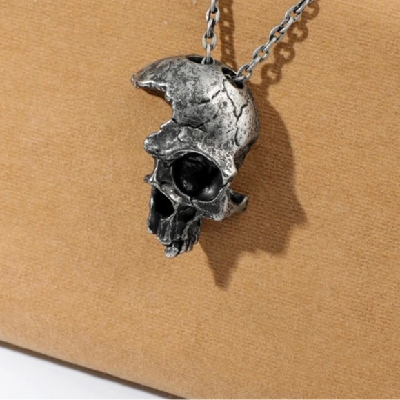 “Shattered Skull” Broken Half Gunmetal Steel Goth Punk Halloween Unisex Necklace - Picture 9 of 16